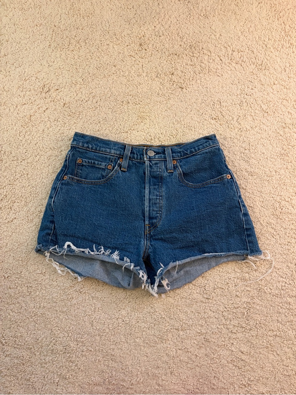 Levi's Dark Blue High-Rise Frayed Hem Jean Shorts